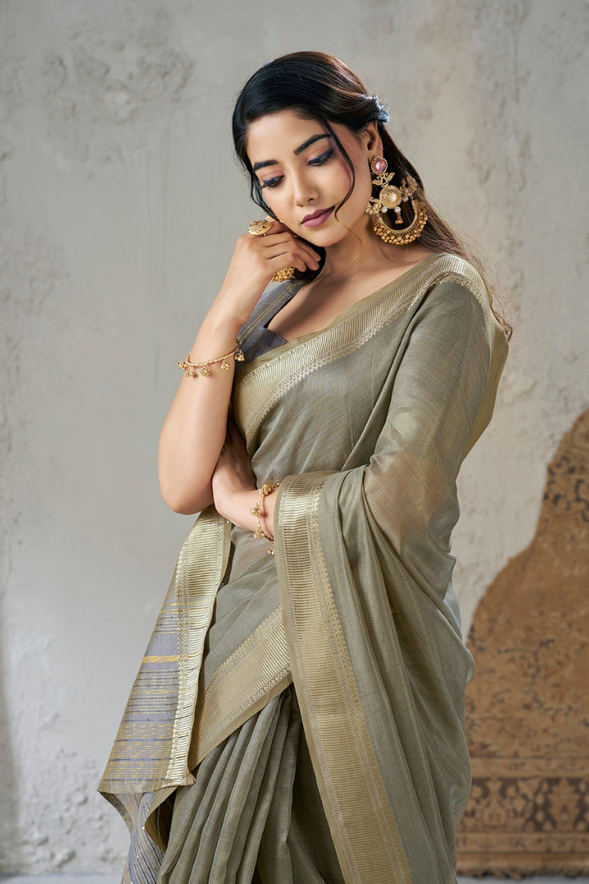 Grey Linen Cotton Zari Border Saree