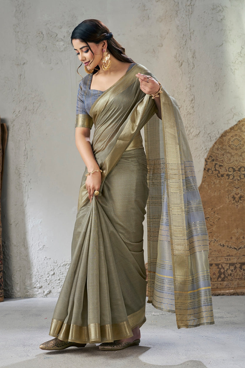 Grey Linen Cotton Zari Border Saree