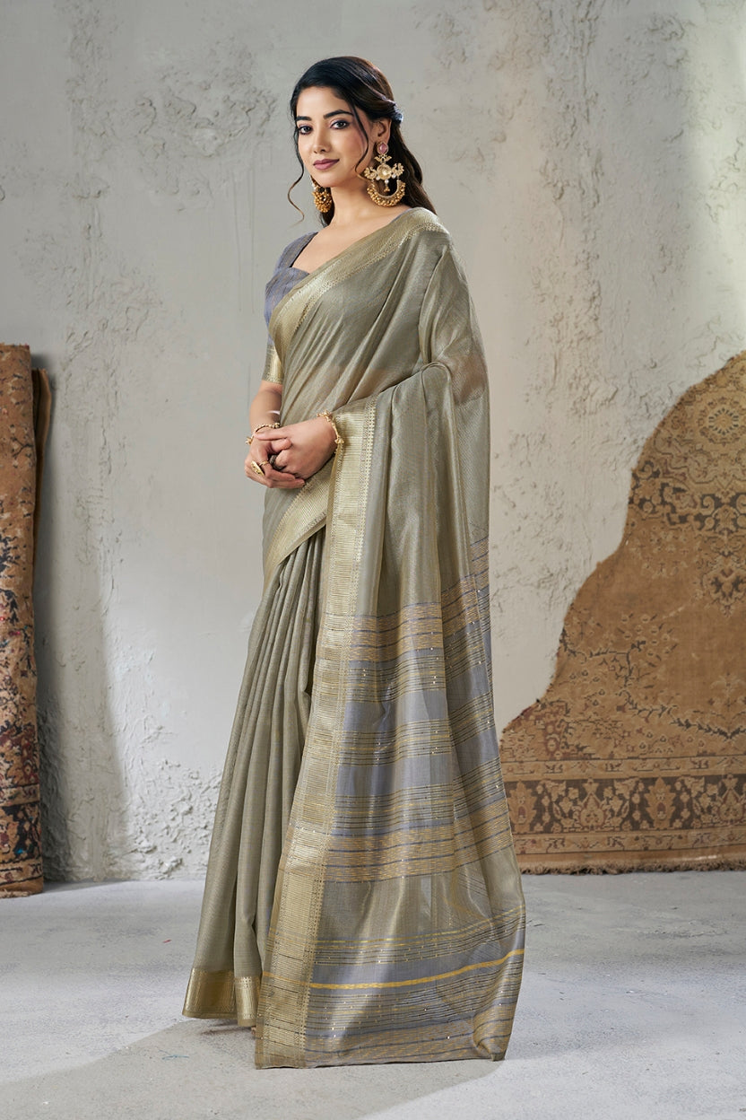 Grey Linen Cotton Zari Border Saree