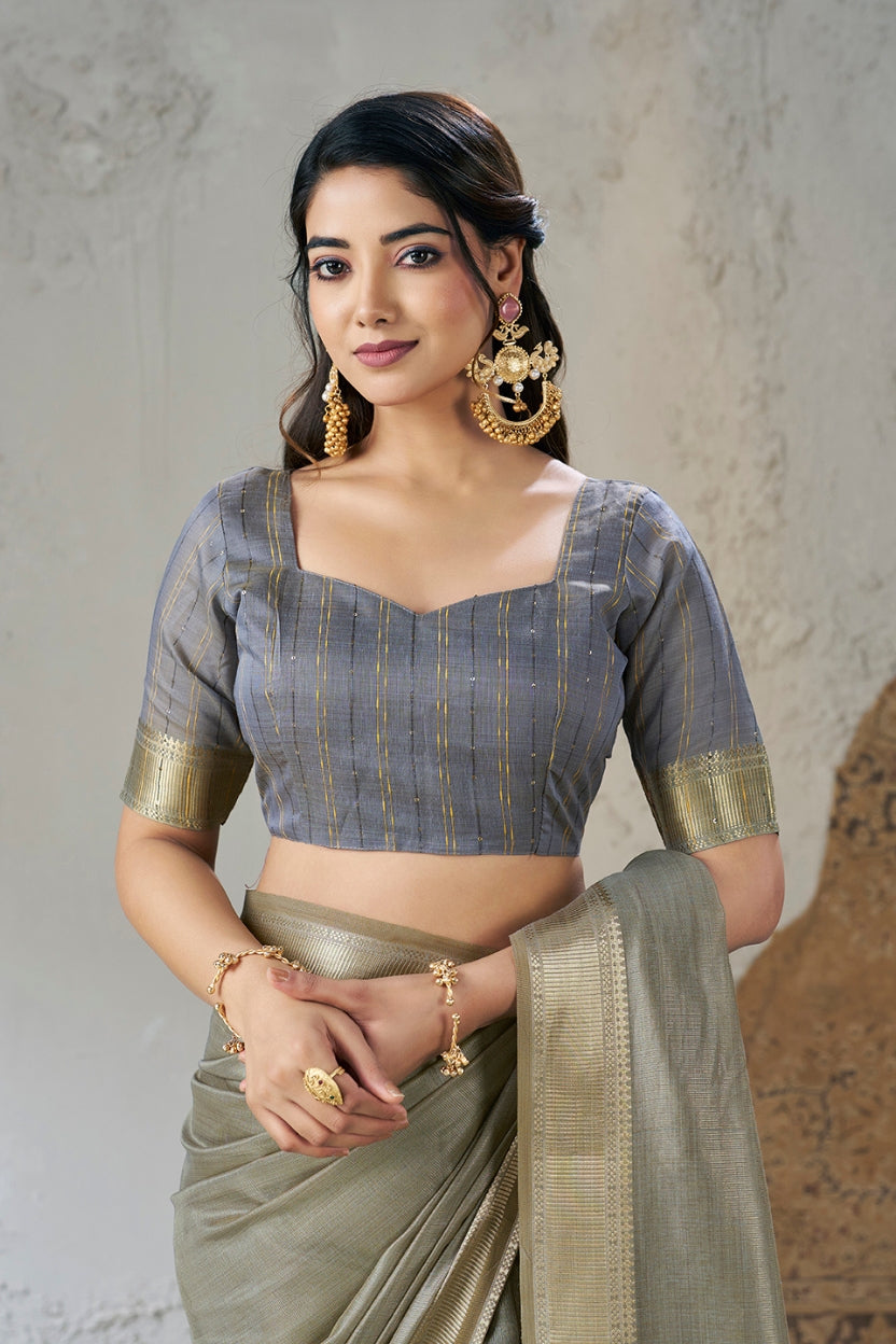 Grey Linen Cotton Zari Border Saree