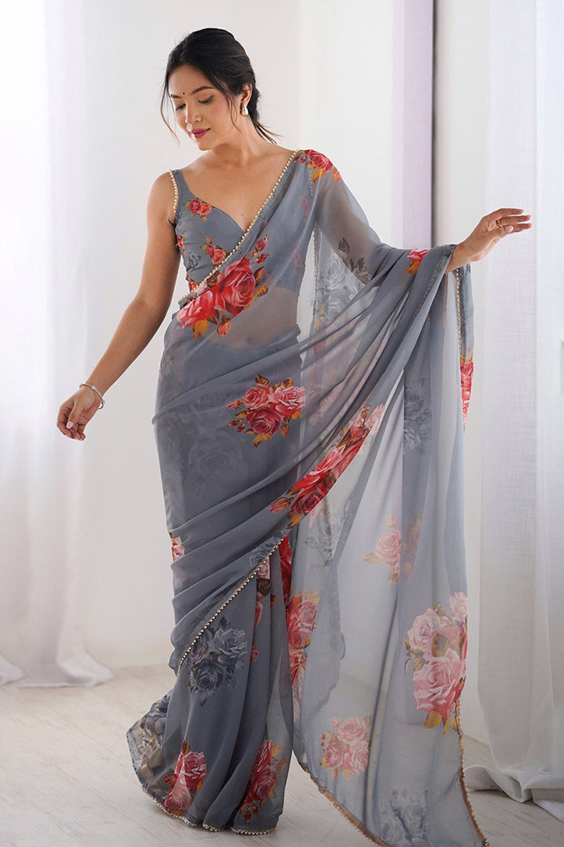 Grey Printed Georgette Lace Saree