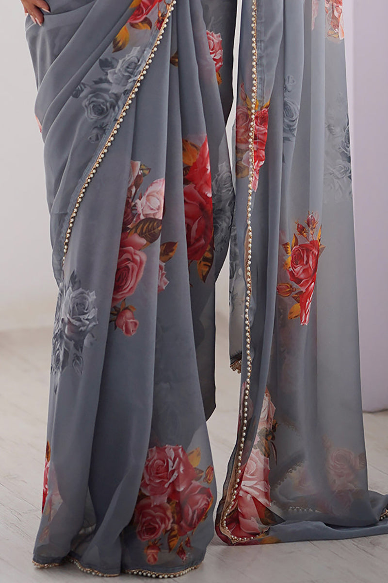 Grey Printed Georgette Lace Saree