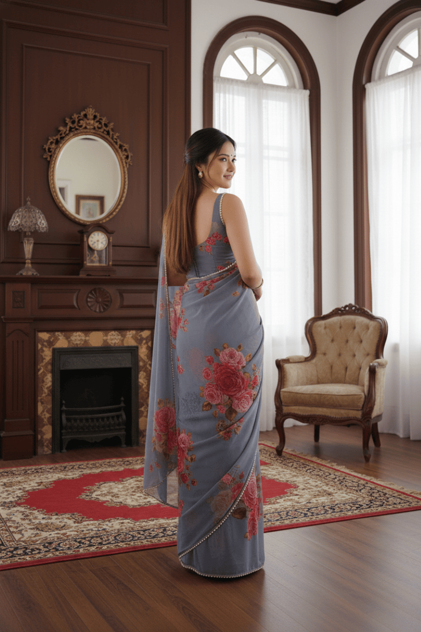 Grey Printed Georgette Lace Saree