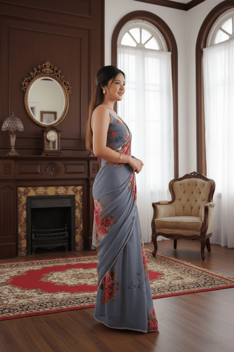 Grey Printed Georgette Lace Saree