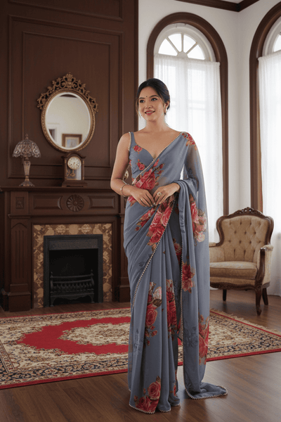 Grey Printed Georgette Lace Saree