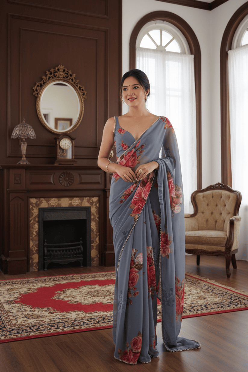 Grey Printed Georgette Lace Saree