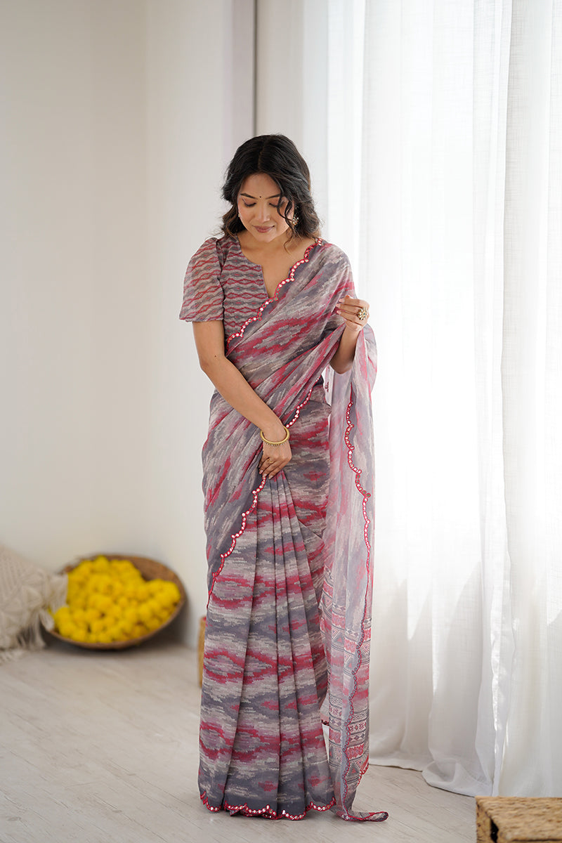 Grey Printed Mirror Work Georgette Saree