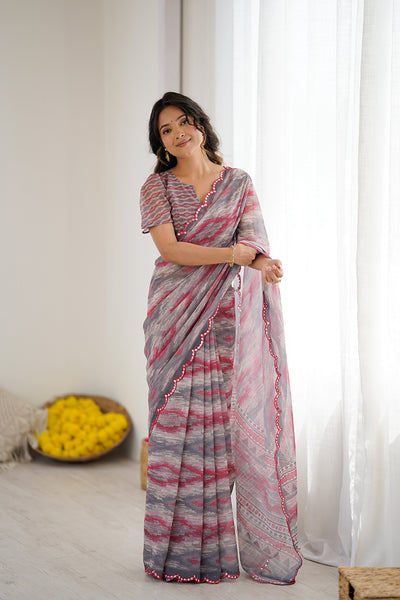 Grey Printed Mirror Work Georgette Saree