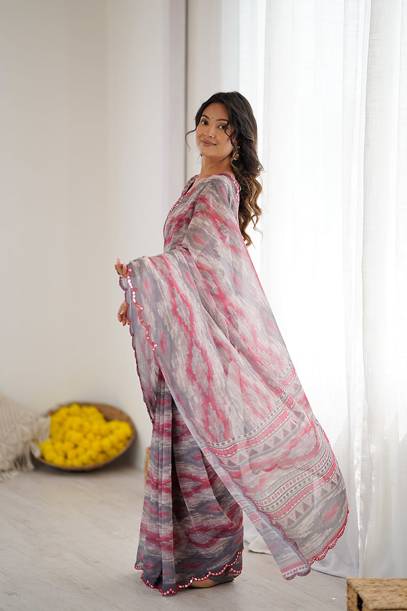 Grey Printed Mirror Work Georgette Saree