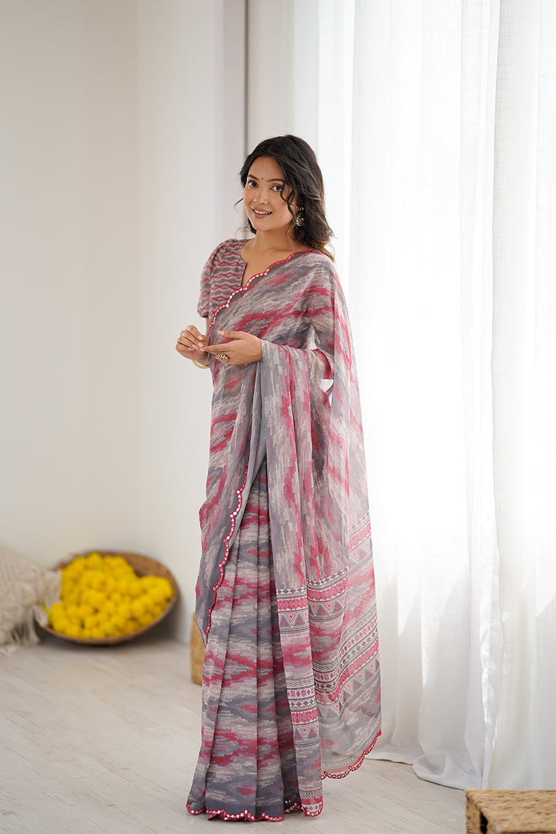 Grey Printed Mirror Work Georgette Saree