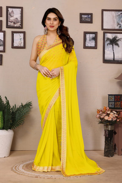 Lemon Yellow Georgette Lace Border Saree