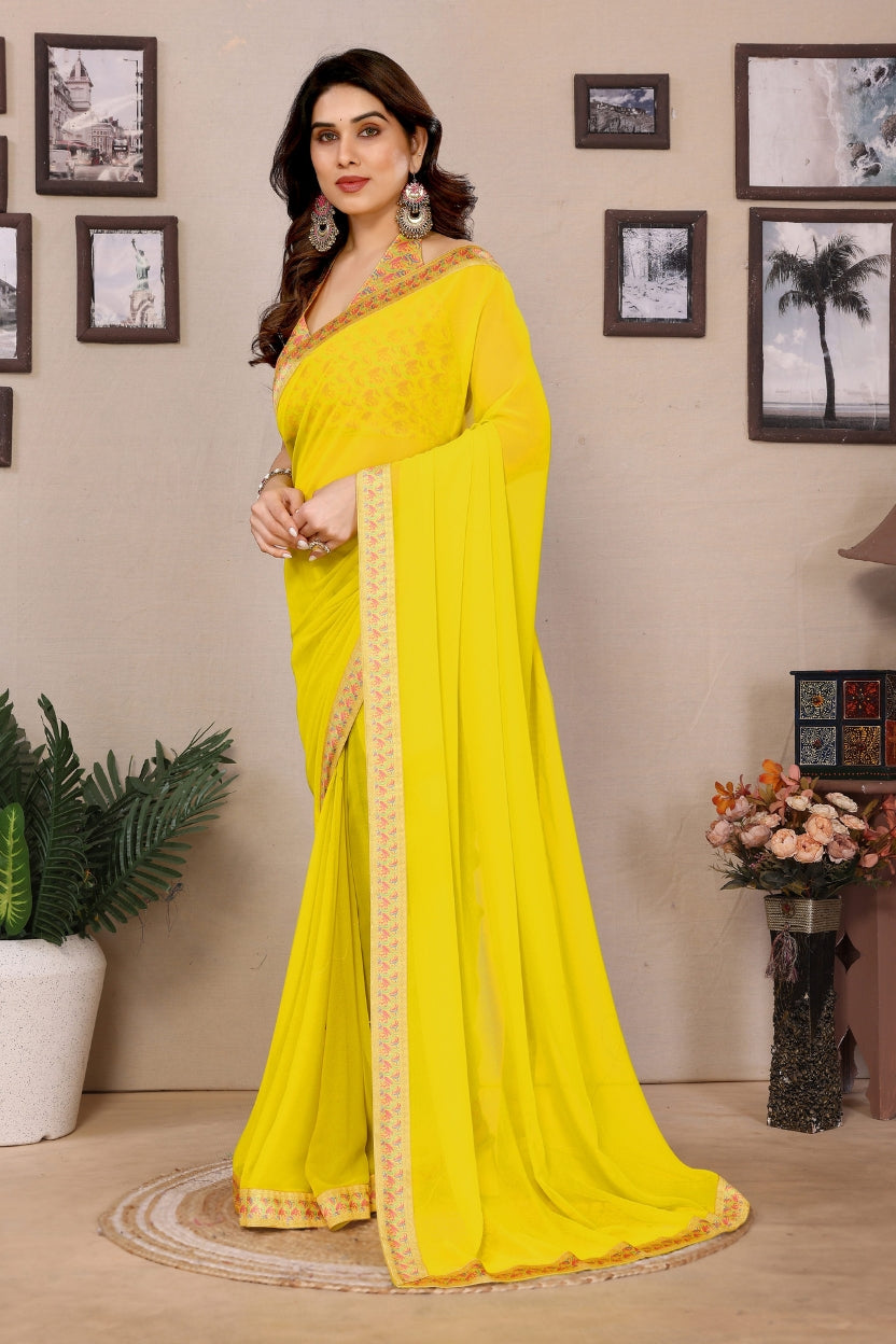 Lemon Yellow Georgette Lace Border Saree