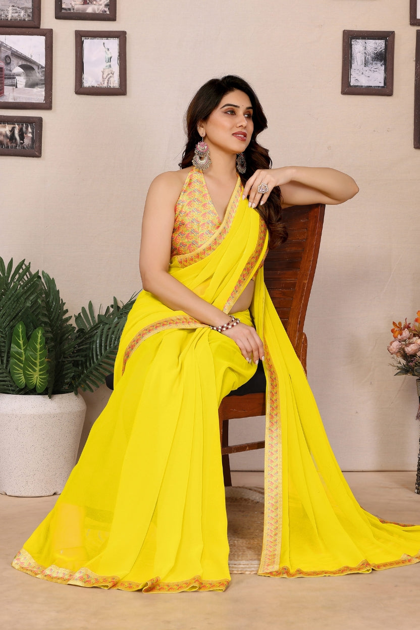 Lemon Yellow Georgette Lace Border Saree