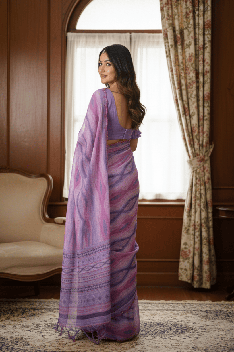 Light Purple Printed Mirror Work Georgette Saree