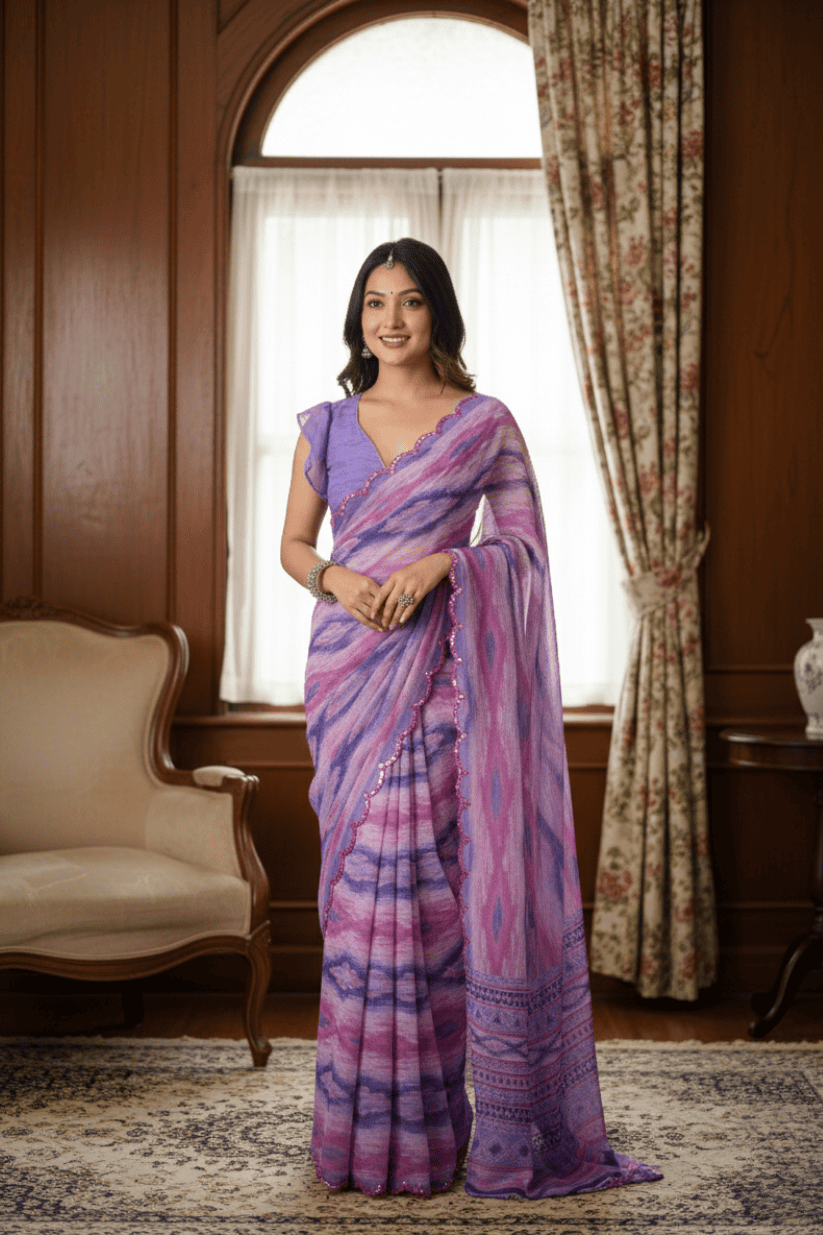 Light Purple Printed Mirror Work Georgette Saree
