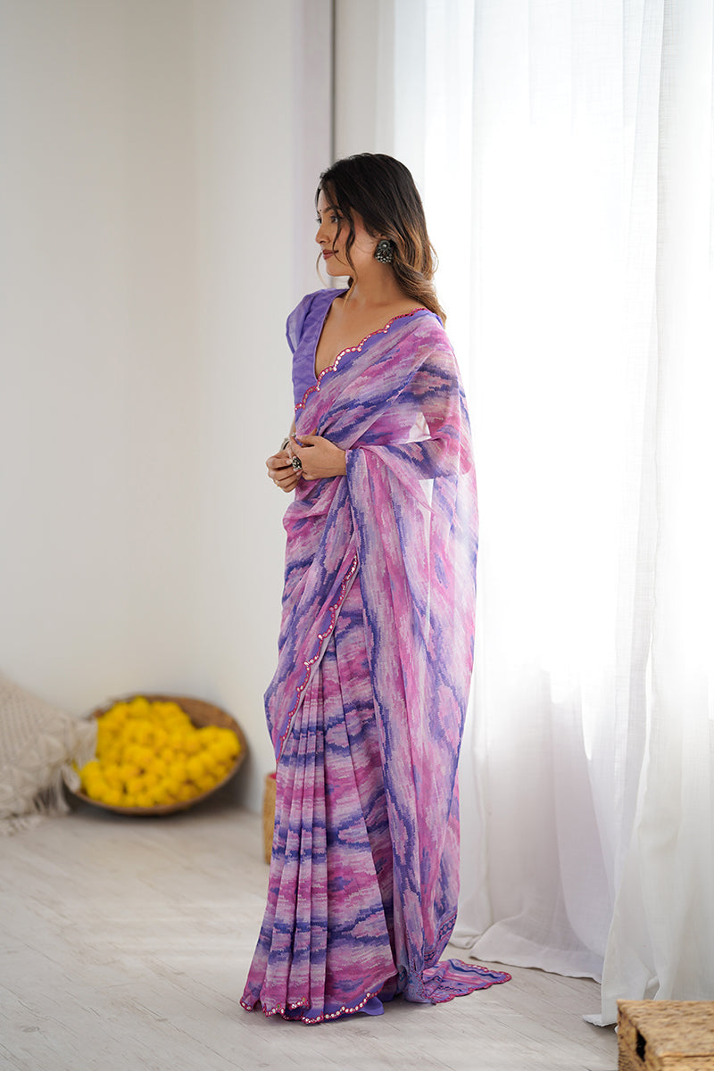 Light Purple Printed Mirror Work Georgette Saree