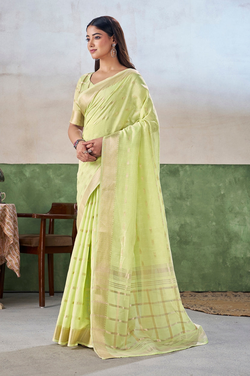 Lime Green Linen Cotton Saree
