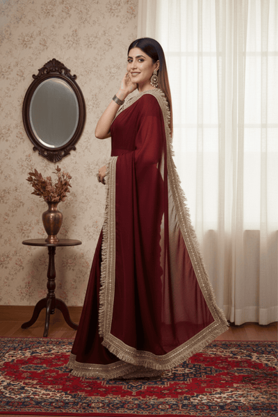 Maroon Solid Georgette Lace Saree