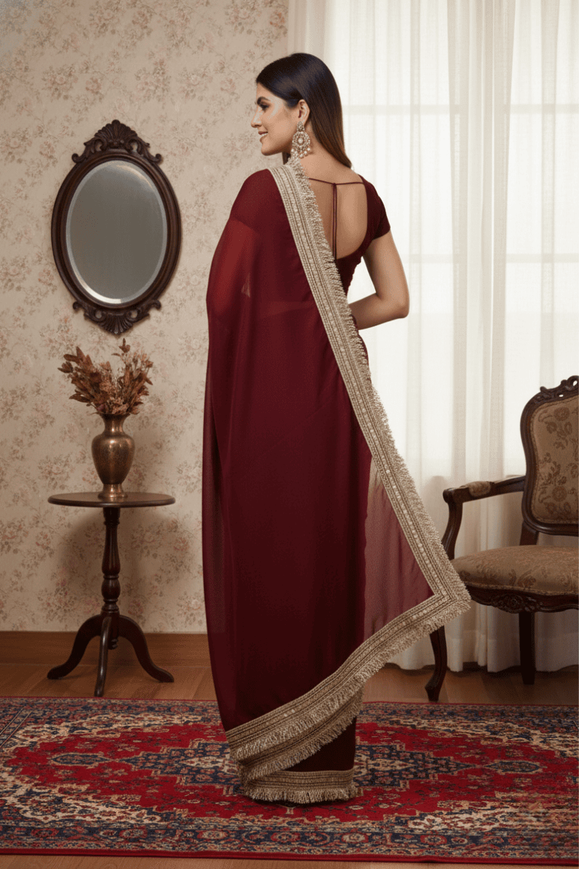 Maroon Solid Georgette Lace Saree