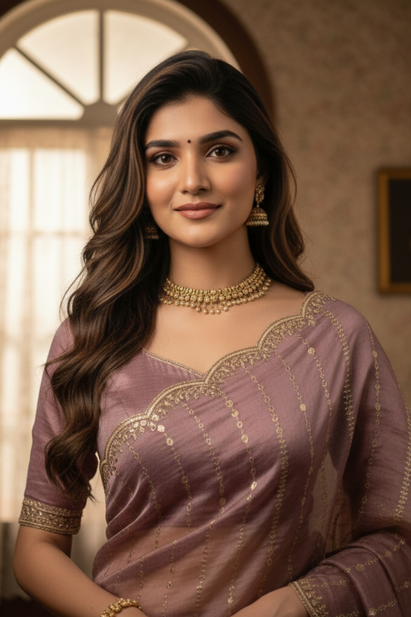 Mauve Fendi Satin Embroidery Saree