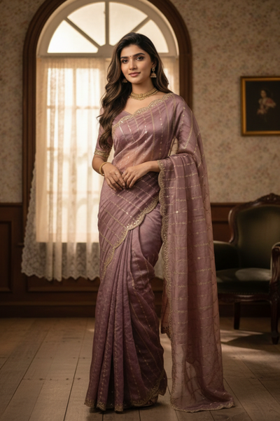 Mauve Fendi Satin Embroidery Saree