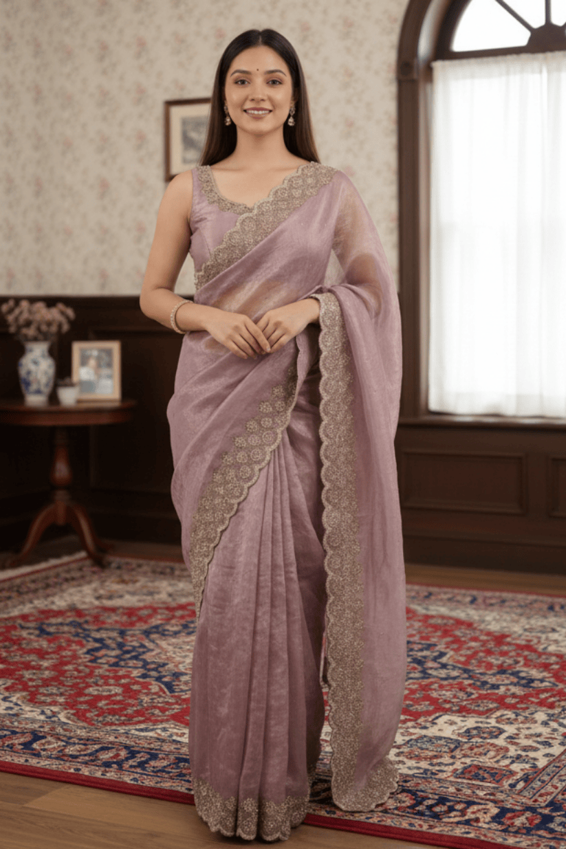Mauve Soft Silk Swarovski Embroidery Saree