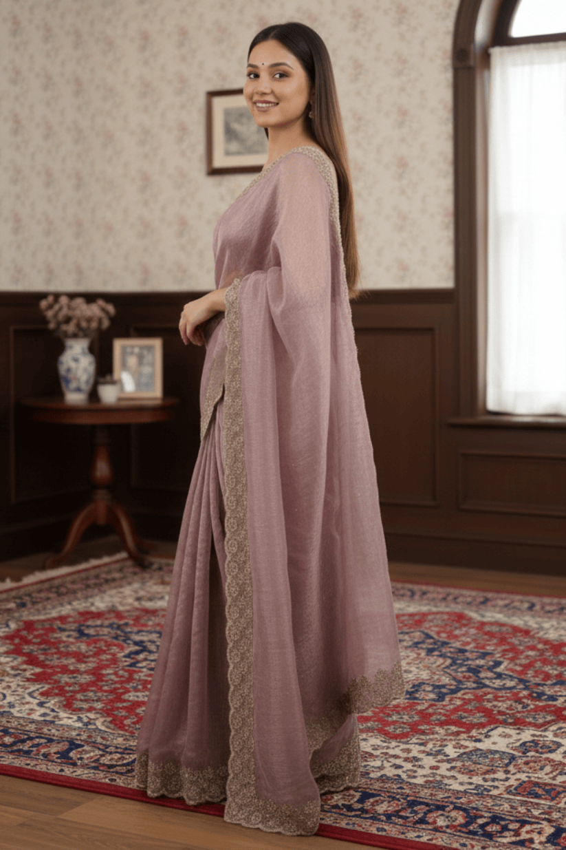 Mauve Soft Silk Swarovski Embroidery Saree