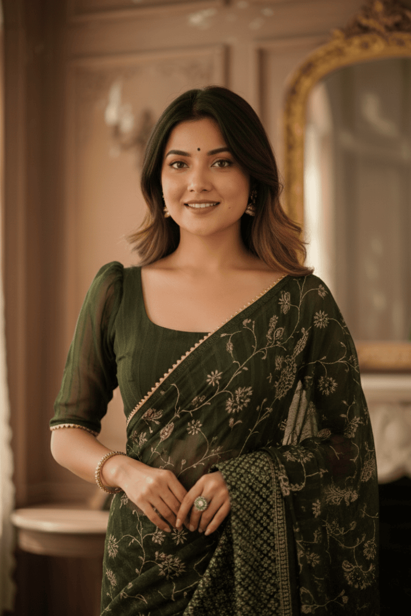 Mehendi Green Foil Printed Georgette Saree