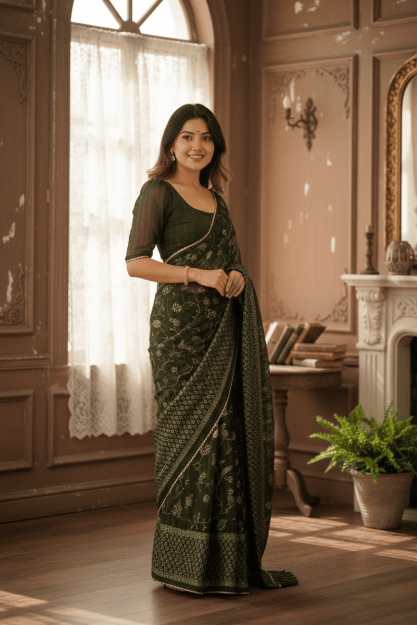 Mehendi Green Foil Printed Georgette Saree