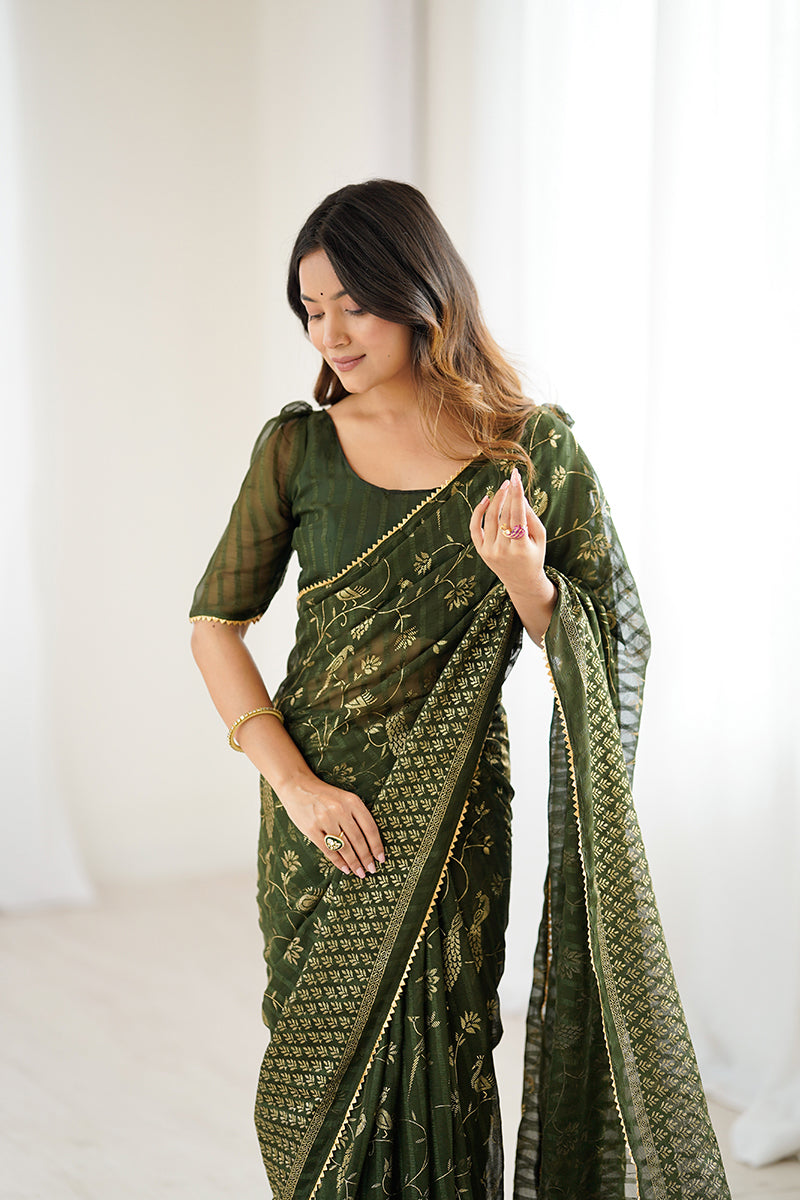 Mehendi Green Foil Printed Gharchola Georgette Saree