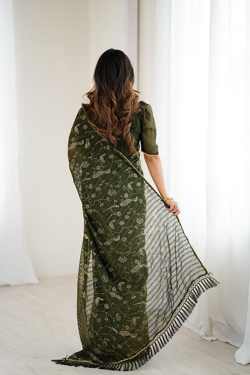 Mehendi Green Foil Printed Gharchola Georgette Saree