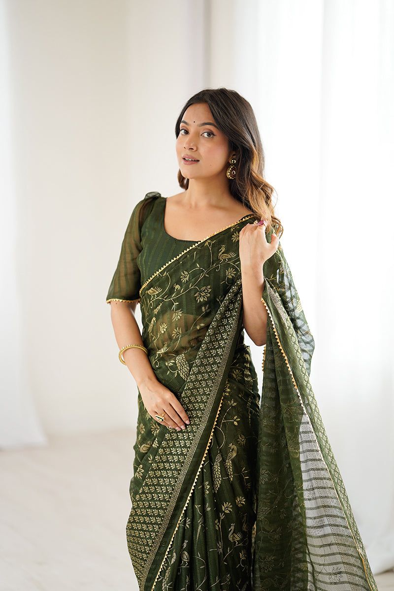 Mehendi Green Foil Printed Gharchola Georgette Saree