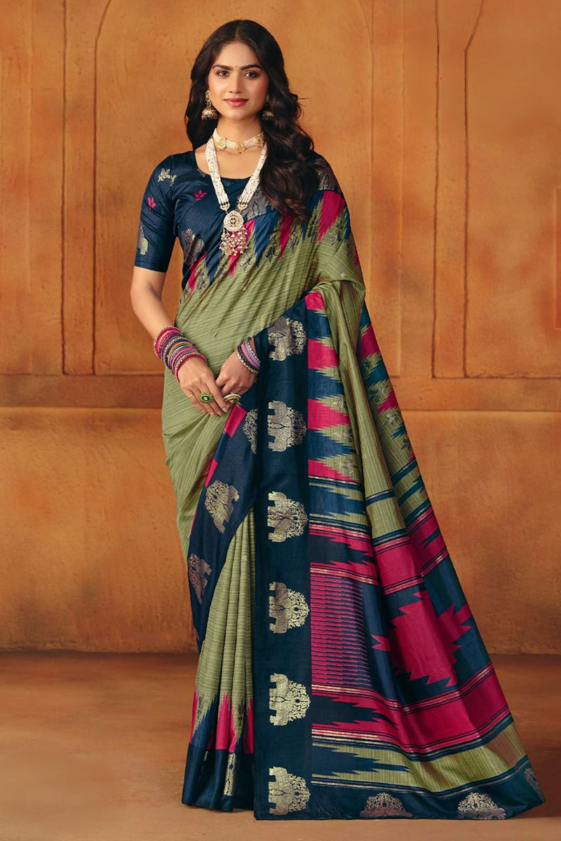 Mehendi Manipuri Printed Saree With Foil Work