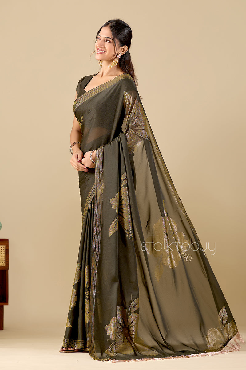 Mehendi Foil Printed Georgette Saree