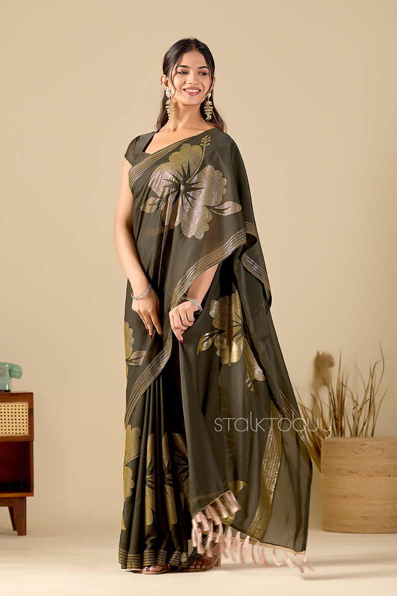 Mehendi Foil Printed Georgette Saree