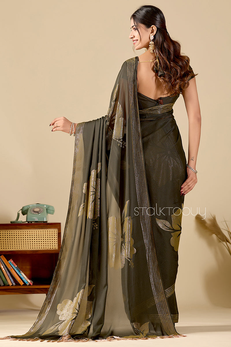 Mehendi Foil Printed Georgette Saree