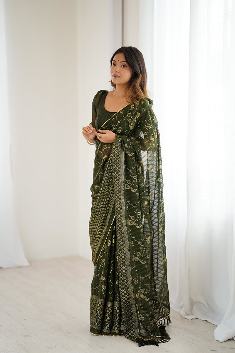 Mehendi Green Foil Printed Gharchola Georgette Saree