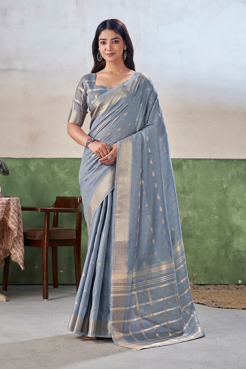 Mist Blue Linen Cotton Saree