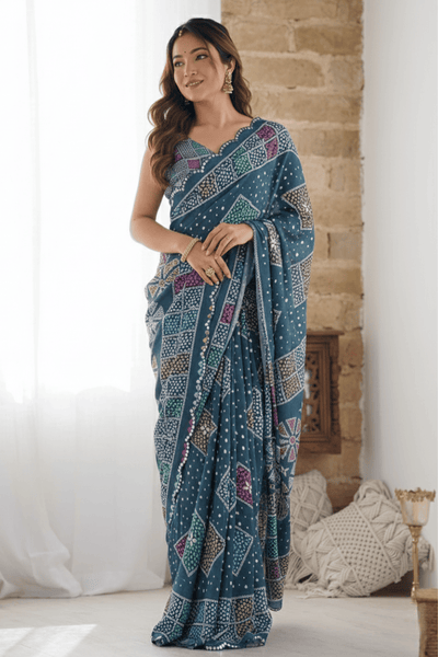 Navy Blue Printed Georgette Saree