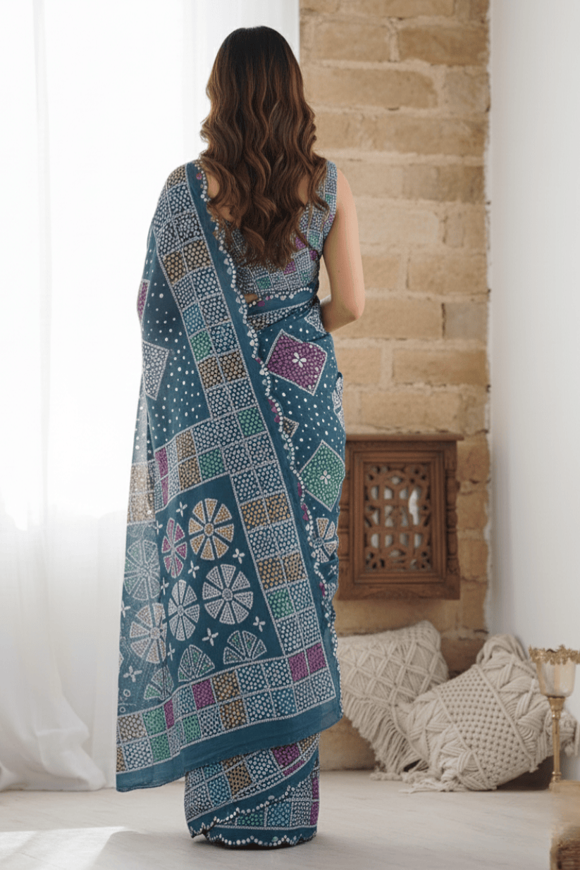 Navy Blue Printed Georgette Saree