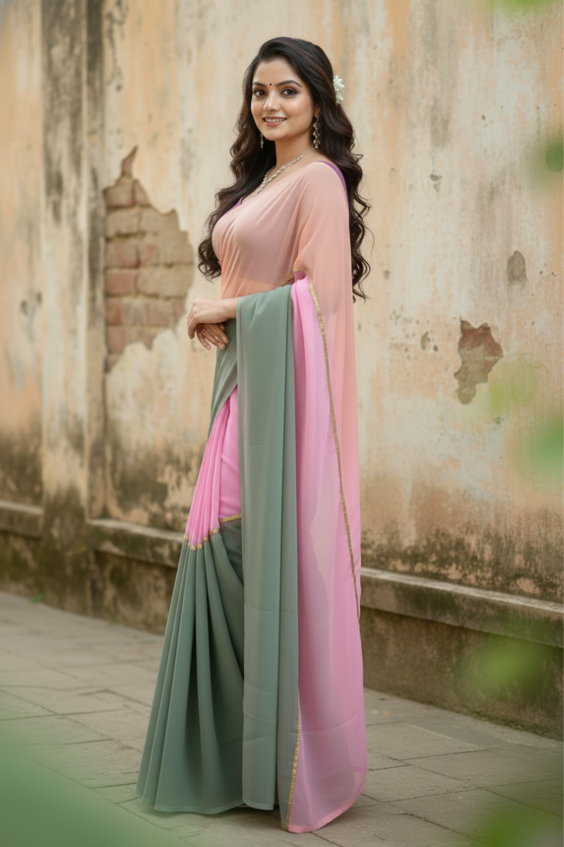 Multi-Toned Plain Georgette Saree