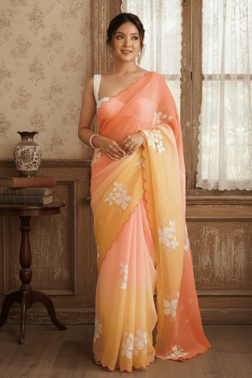 Multi Colored Floral Embroidered Georgette Saree