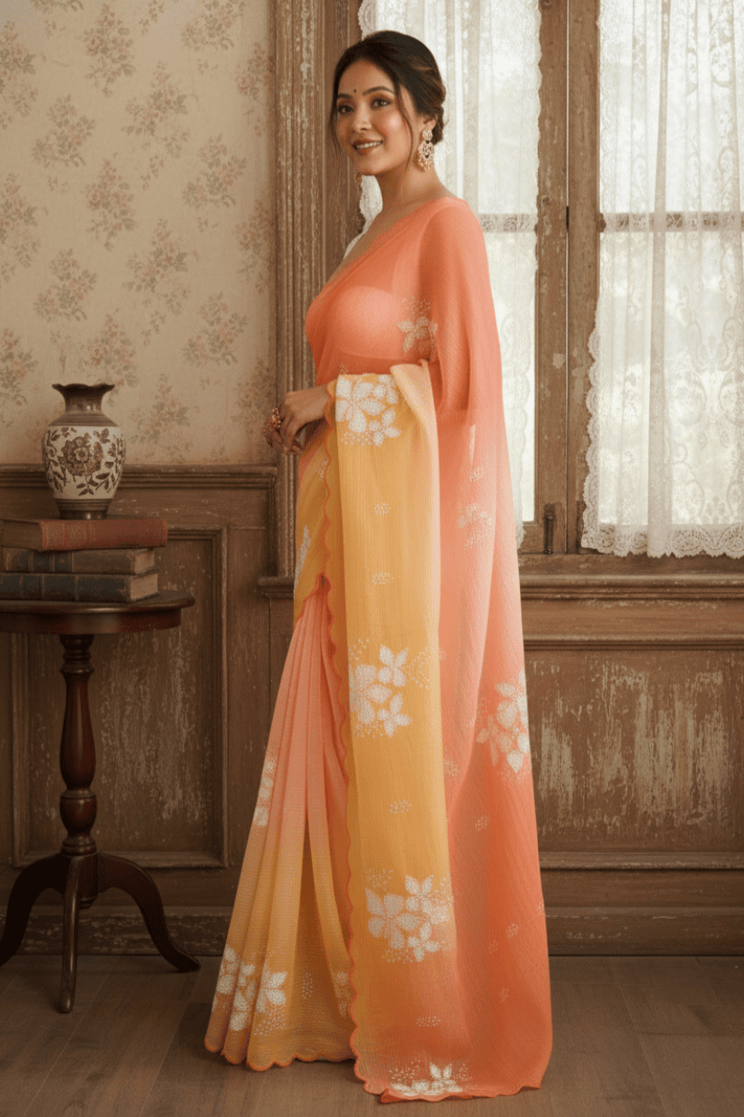 Multi Colored Floral Embroidered Georgette Saree