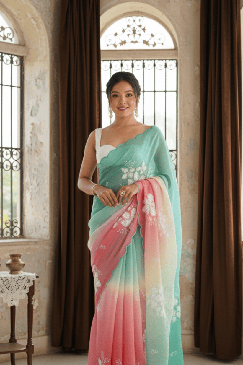Multi Colored Floral Embroidered Georgette Saree