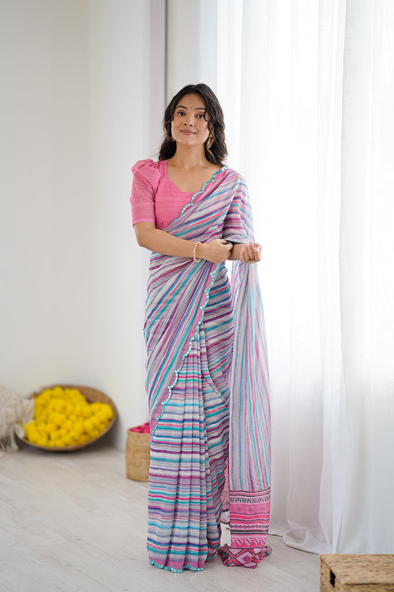 Multi Color Printed Mirror Work Georgette Saree