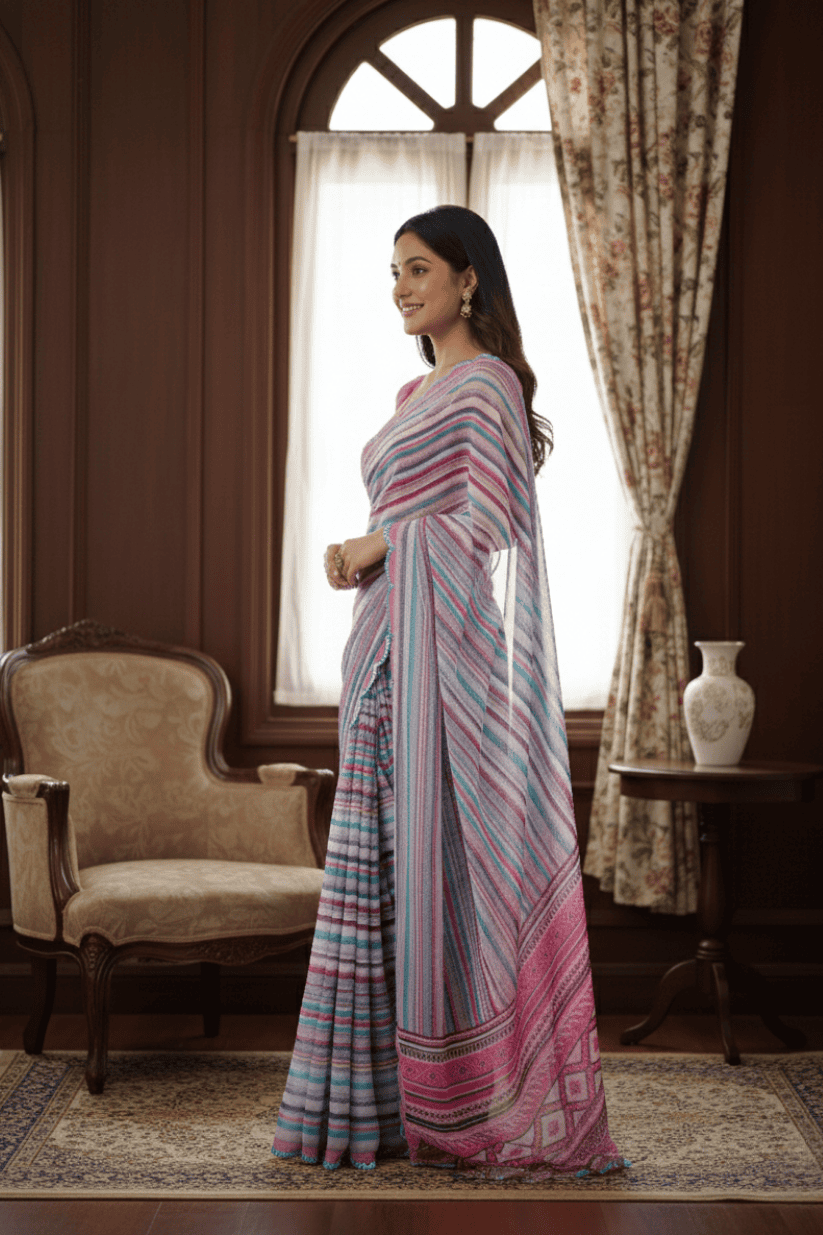 Multi Color Printed Mirror Work Georgette Saree