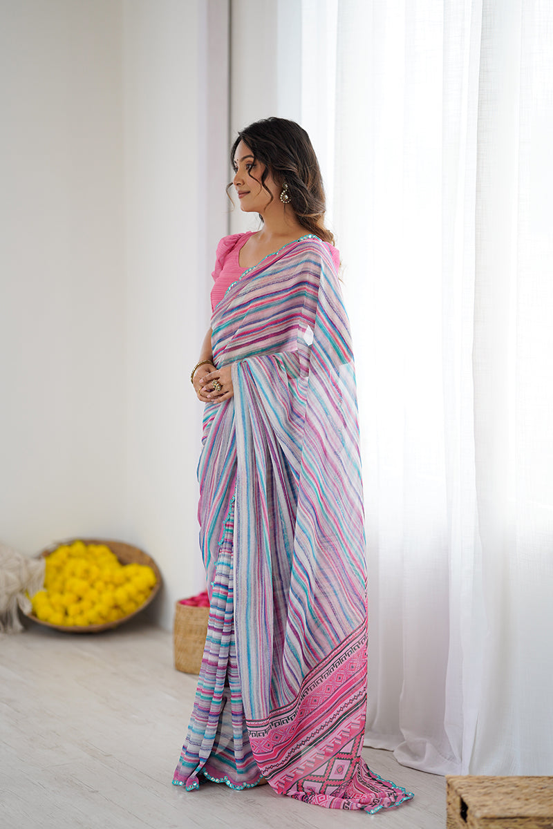 Multi Color Printed Mirror Work Georgette Saree