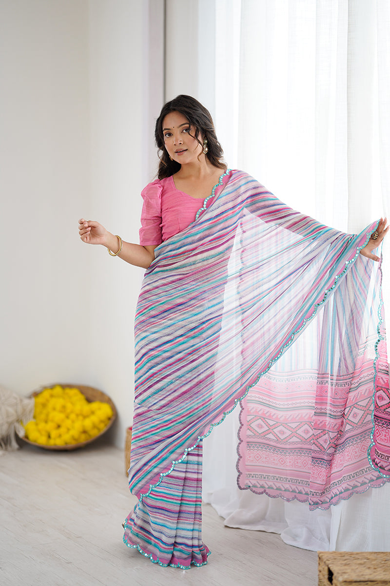 Multi Color Printed Mirror Work Georgette Saree