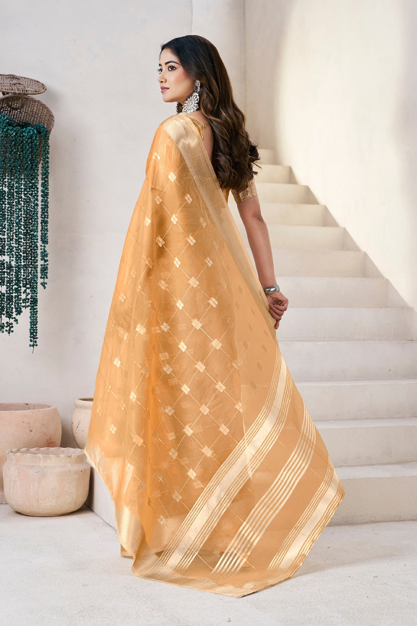 Mustard Linen Cotton Zari Silk Weaving Saree