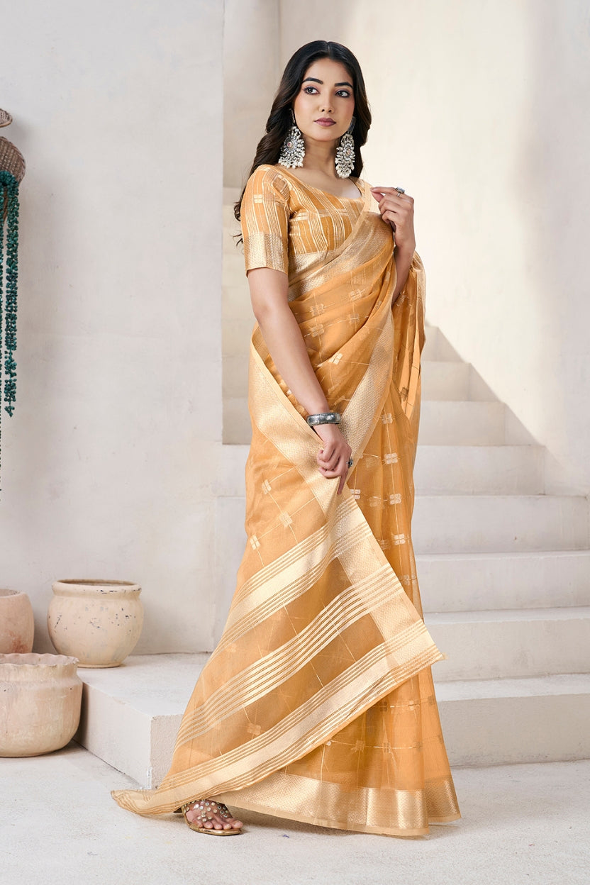 Mustard Linen Cotton Zari Silk Weaving Saree
